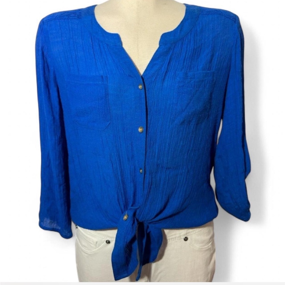 I.N. Studio Petite Blue Tie-Front Blouse Size PM
